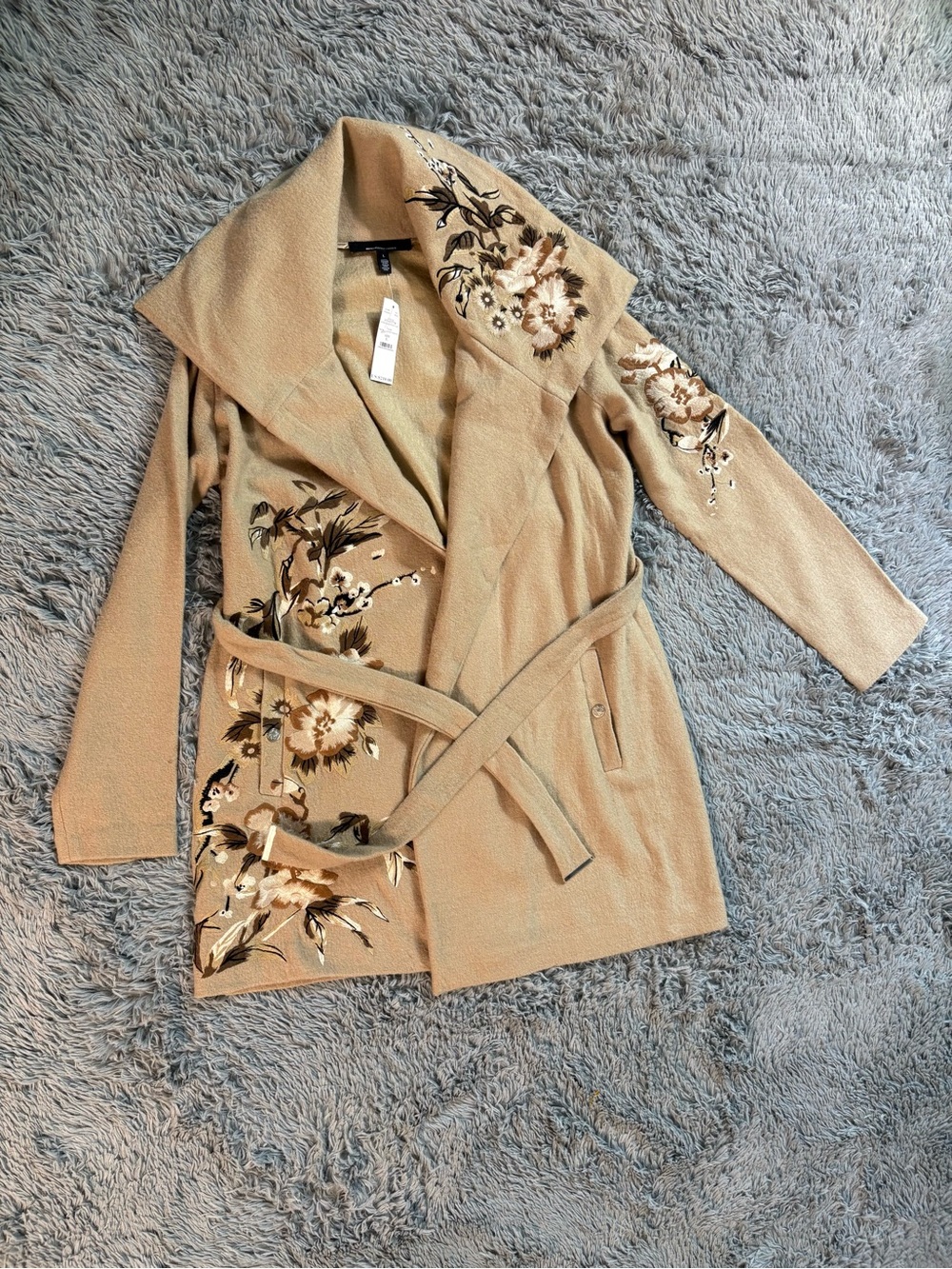 NWT White House Black Market Floral Embroidered Tan & Brown Sweater Coat